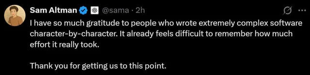 Sam Altman一条推文暴露的真相：程序员不怕被AI取代，怕的是被“感谢” | 帖子OpenAI CEO Sam Altman一条看似温情的“感谢”推文，在程序员社区引发了剧烈反应