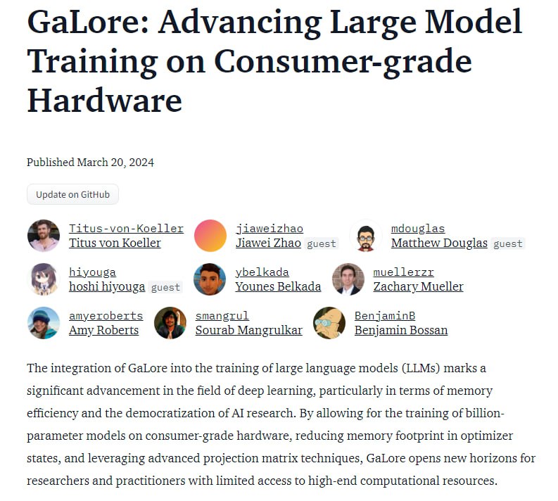 用GaLore在消费级硬件上训练大模型 | 原文GaLore 是一种新的参数高效微调(Parameter Efficient Finetuning， PEFT)方法，可以在消费级GPU(如 RTX 3090)上高效训练大型语言模型