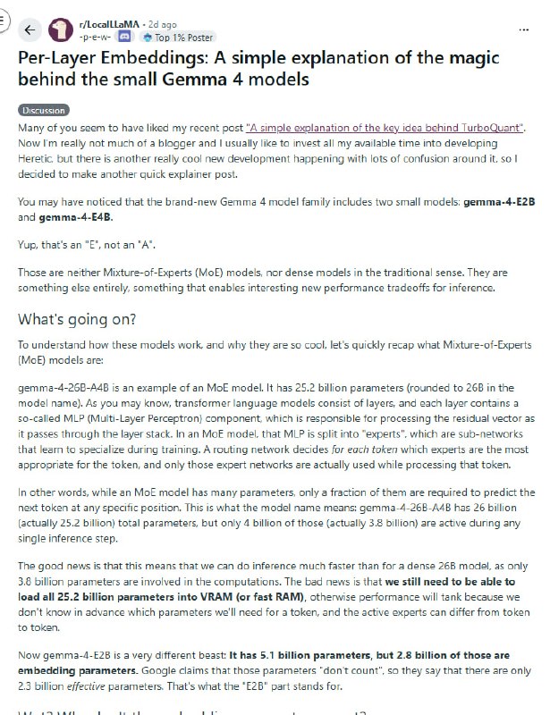 把参数丢进硬盘：Gemma 4 的轻量化魔法 | 帖子提要：Gemma 4 E 系列模型通过 Per-Layer Embeddings 技术，将大量静态 Embedding 参数从显存移至磁盘