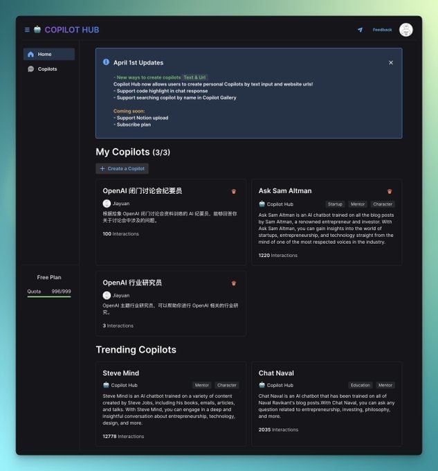 Copilot Hub 发布了新的功能：可以基于一系列网页链接的内容来创建自定义的 ChatGPT使用场景：- 主题研究分析- 网站聊天机器人- 个人博客助手