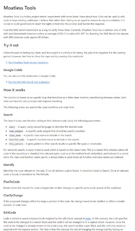 大型代码库代码编辑的辅助工具，通过大型语言模型实现代码的智能搜索与编辑，旨在提高代码修改的效率和准确性，降低成本Moatless Tools | #工具