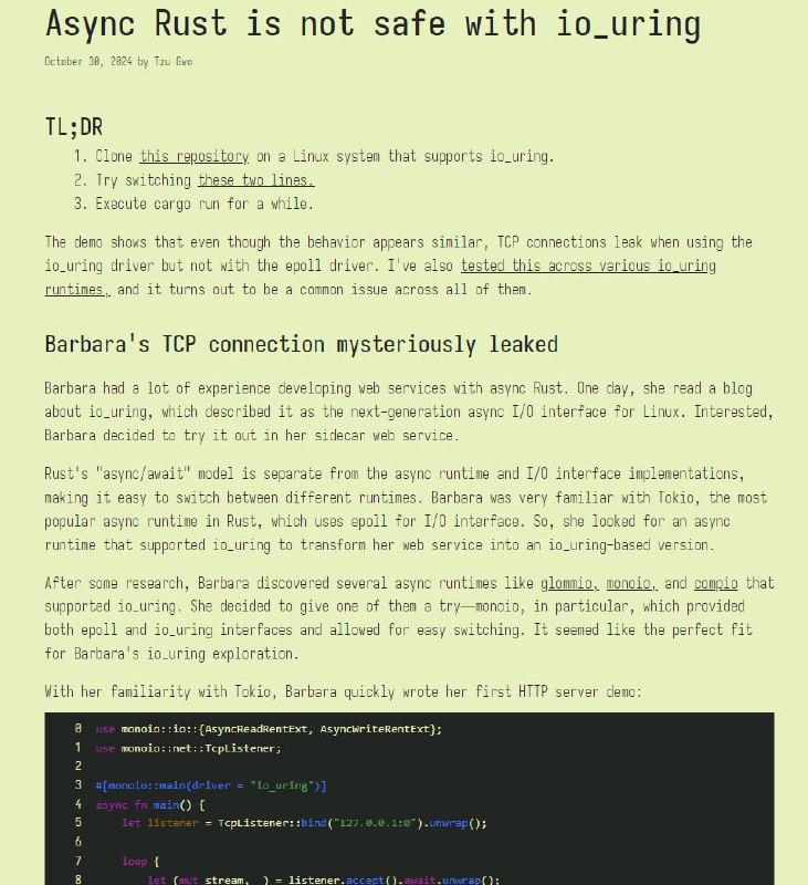 这篇文章讨论了在使用 Rust 的异步编程中，特别是在使用 io_uring 作为 I/O 接口时，可能会遇到的 TCP 连接泄露问题 | blog