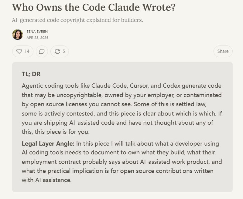 AI 写的代码无版权？所有权与法律责任千万别混淆 | blog如果你正在使用 Claude Code 或 Cursor 编写代码，请意识到：你交付的产品可能根本不受版权保护，或者正潜伏着开源协议违规的风险