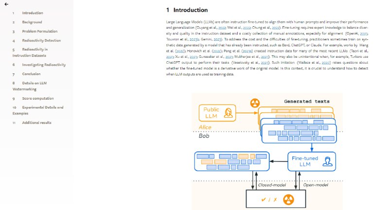 Watermarking Makes Language Models Radioactive | paper通过引入水印技术，有效提高了检测大型语言模型(LLM)生成文本被用作训练数据的能力，并且即使在微调数据中仅有少量水印文本存在时，也能以极高的置信度进行检测，这发现为数据版权和隐私保护提供了新的视角和工具