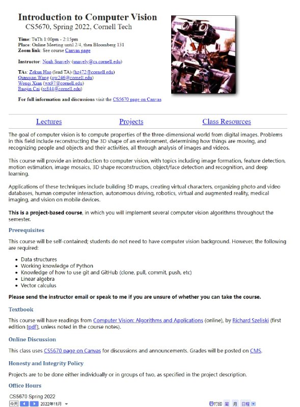 康奈尔大学《计算机视觉导论》课程课程地址 | #计算机视觉