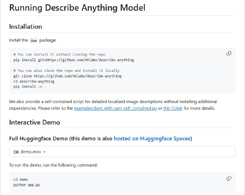 Describe Anything：让图像和视频描述变得前所未有的详细和精准仅需在视频中的一帧上标注，即可生成整个视频的详细描述；支持多种输入方式，如点、框、涂鸦和掩码；提供OpenAI兼容API，方便集成到现有系统Describe Anything：让图像和视频描述变得前所未有的详细和精准仅需在视频中的一帧上标注，即可生成整个视频的详细描述；支持多种输入方式，如点、框、涂鸦和掩码；提供OpenAI兼容API，方便集成到现有系统