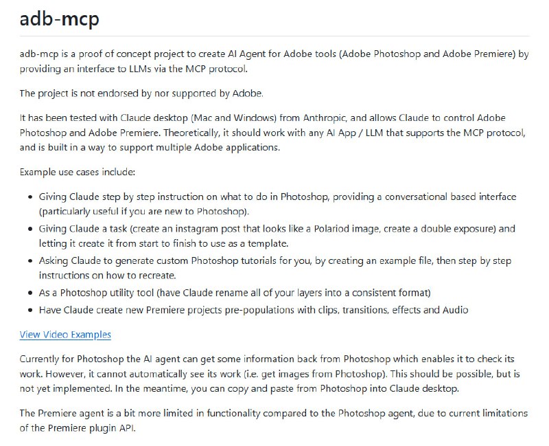 adb-mcp：为Adobe工具（Photoshop和Premiere）打造的AI Agent接口项目，让AI通过MCP协议直接控制创意软件