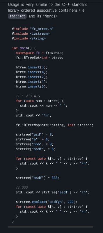 一种通用的高性能轻量级类STL的现代C++ B树这个库是只有头文件的，所以除了包含头文件之外不需要额外的设置过程