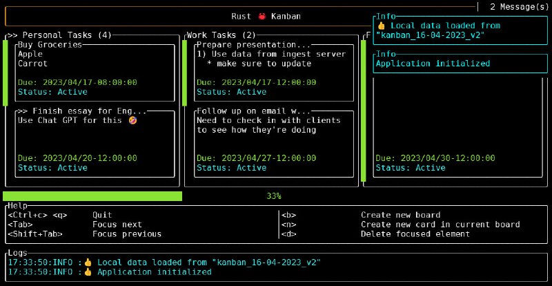 rust_kanban：用 Rust 编写的终端看板应用，可以帮助用户通过优先处理任务和更快实现目标来提高生产力，特色包括支持拖放卡片、垂直移动文本字段、云保存加密、撤销和重做操作、自定义颜色和主题支持等功能