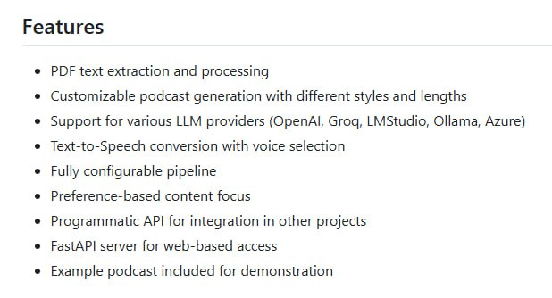 基于本地运行的 AI 工具，能将 PDF 文档转换成有趣的播客，使用本地大型语言模型（LLM）和文本到语音（TTS）模型