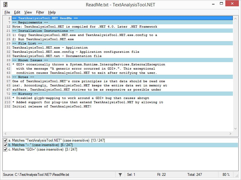 TextAnalysisTool.NET是一款文本分析工具，旨在快速高效地查看、搜索和导航大型文件