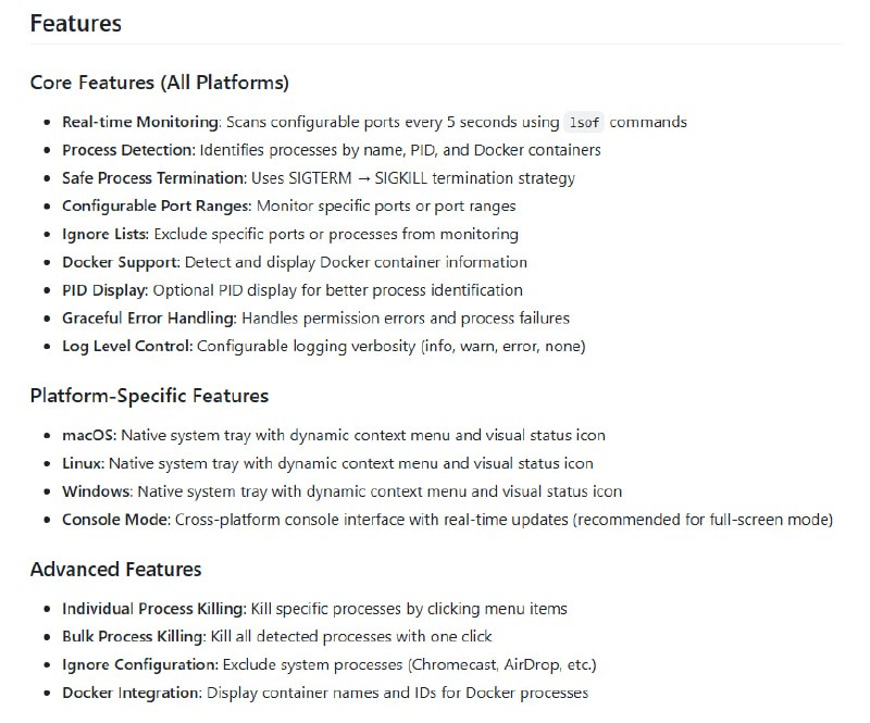 Port Kill：macOS 状态栏轻量级开发端口监控工具，专为监控和管理 2000-6000 端口上的开发进程设计