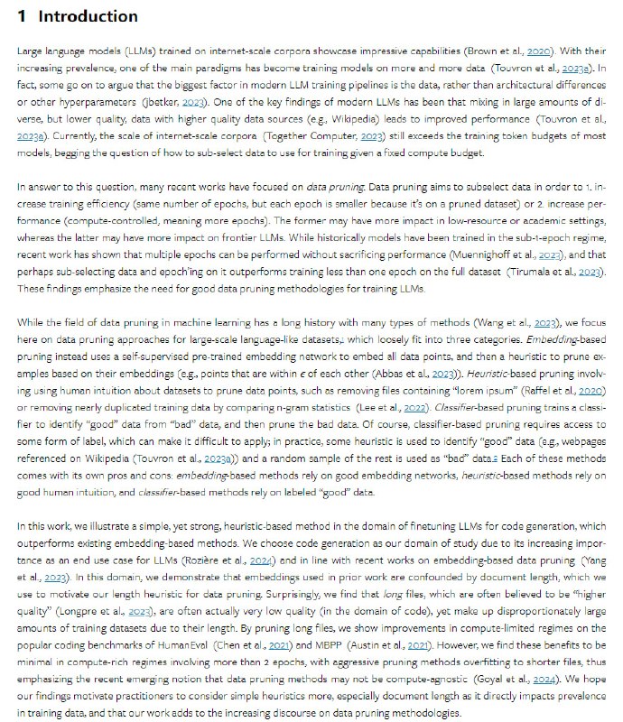 通过分析发现代码数据中存在大量低质量过长文件，并证明基于删除这些长文件这一简单启发式进行数据裁剪，可以在计算资源有限的情况下显著提升代码生成模型的效率和性能