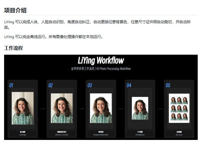 LiYing：证件照处理的自动化工具，一键搞定证件照的裁切、换底色和排版 | #工具完全离线运行，所有操作本地完成，安全又高效；支持多种尺寸证件照自动裁切，满足不同需求；提供WebUI界面，操作简单易上手LiYing：证件照处理的自动化工具，一键搞定证件照的裁切、换底色和排版 | #工具完全离线运行，所有操作本地完成，安全又高效；支持多种尺寸证件照自动裁切，满足不同需求；提供WebUI界面，操作简单易上手