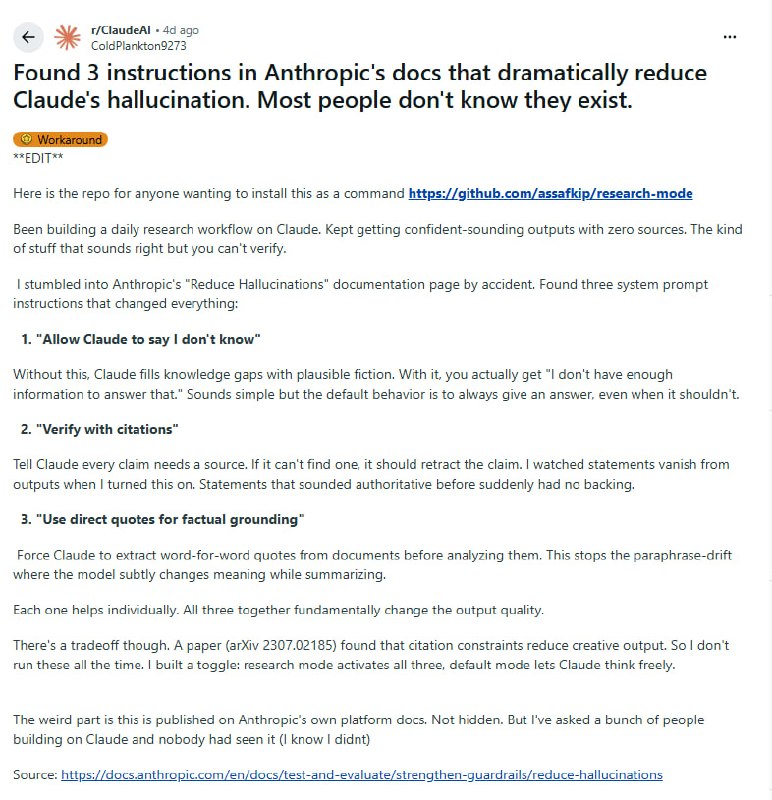 三条隐藏指令让Claude不再“胡编乱造” | 帖子一位开发者在构建每日研究工作流时，偶然发现了Anthropic文档中的“减少幻觉”页面