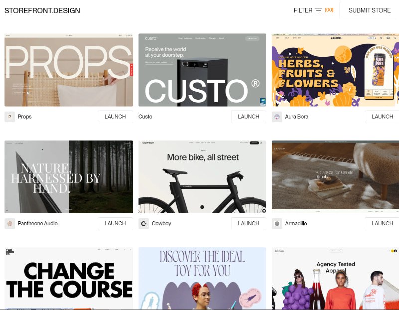 Storefronts —— 在线商店网页设计收集专门收集在线商店网页的网站，可以按行业、设计风格和字体筛选，每周五更新，目前收集了 54 个