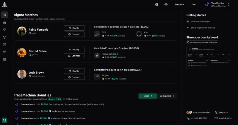 顶尖1%开源工程师招聘平台Algora，重塑技术招聘流程：• 集成Web应用 + GitHub App + 支付处理，覆盖职位发布、合同管理、赏金激励及合规支付  • 自动展示开发者顶尖OSS贡献，招聘方可基于开源表现自动筛选和排名候选人  • 支持全职与合同制岗位匹配，结合技术栈、预算、地理位置实现智能匹配  • 赏金机制助力OSS社区与闭源团队激励贡献者，合同管理实现基于成果的支付  • 支持面试环节通过赏金任务验证候选人真实能力，贡献优先入职提升团队效率  • 未来支持多平台集成（GitLab、Linear等）、多支付方式（支付宝、Wise、加密货币）和多端客户端（移动、桌面、CLI）  • 开源自托管，灵活满足不同团队需求，技术栈基于Elixir/Phoenix，易上手且高性能顶尖1%开源工程师招聘平台Algora，重塑技术招聘流程：• 集成Web应用 + GitHub App + 支付处理，覆盖职位发布、合同管理、赏金激励及合规支付  • 自动展示开发者顶尖OSS贡献，招聘方可基于开源表现自动筛选和排名候选人  • 支持全职与合同制岗位匹配，结合技术栈、预算、地理位置实现智能匹配  • 赏金机制助力OSS社区与闭源团队激励贡献者，合同管理实现基于成果的支付  • 支持面试环节通过赏金任务验证候选人真实能力，贡献优先入职提升团队效率  • 未来支持多平台集成（GitLab、Linear等）、多支付方式（支付宝、Wise、加密货币）和多端客户端（移动、桌面、CLI）  • 开源自托管，灵活满足不同团队需求，技术栈基于Elixir/Phoenix，易上手且高性能