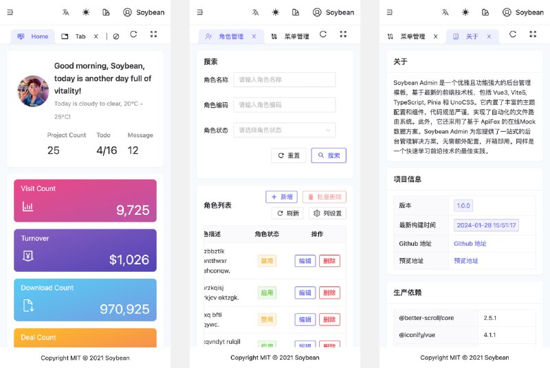 一个清新优雅、高颜值且功能强大的后台管理模板特性：- 前沿技术应用：采用 Vue3, Vite5, TypeScript, Pinia 和 UnoCSS 等最新流行的技术栈