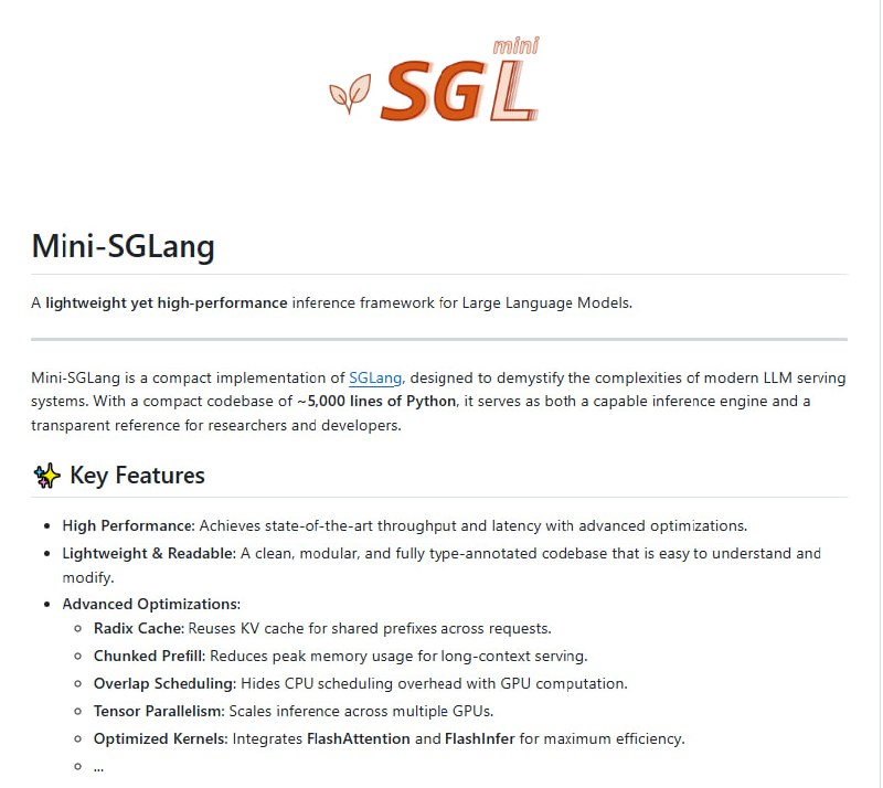 SGLang 团队新建了一个为了教学而设计的、更可读版本的 SGLang： mini-SGLang ⚡️，很适合用来学习大模型推理的真实工作原理