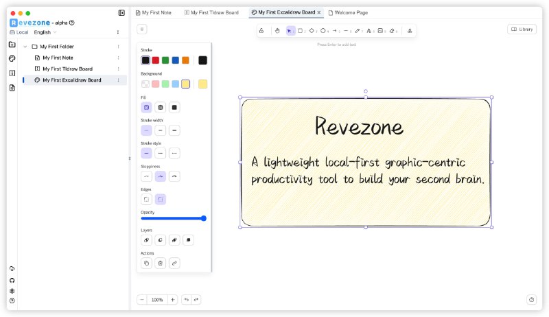 Revezone - 一款以图形为中心的思维管理工具 | #工具具有如下特性：- 缝合了 Excalidraw 和 Tldraw 的无限画布白板；- 提供所见即所得的类 Notion 编辑器；- 在左侧边栏可轻松创建和管理文件；- 灵活的布局可拖拽标签页位置和分屏操作等