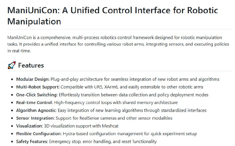 ManiUniCon：一站式机器人操作控制框架，针对多机器人臂与多传感器环境设计，实现高频实时控制与灵活算法部署