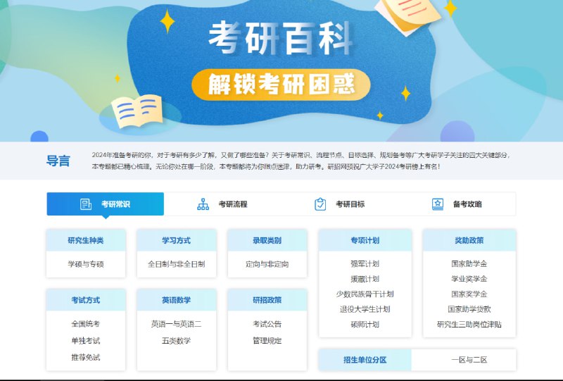 专注于解锁考研困惑的的实用网站，包括：考研常识、考研流程、考研目标、备考攻略，每个部分都是精心梳理，分类详细，可以帮助你指点迷津，助力考研