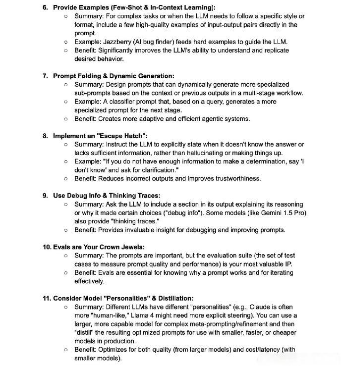 AI Agent提示词设计（Prompting）的关键技术：提供超具体和详细的指令，明确角色、任务和输出格式；通过角色设定和任务分解增强LLM的表现；使用结构化提示（如Markdown或XML）定义输入输出；让LLM自我优化提示；提供少样本或上下文学习示例；设计动态提示生成更专业输出；设置“逃生机制”以应对未知情况；要求LLM提供调试信息以改进提示；重视测试用例评估提示效果；根据模型特性和需求调整提示风格