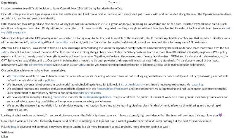 OpenAI安全副总裁，北大校友 @lilianweng 宣布离职 翁荔的技术博客深入、细致，具有前瞻性，被很多 AI 研究者视为重要的参考资料