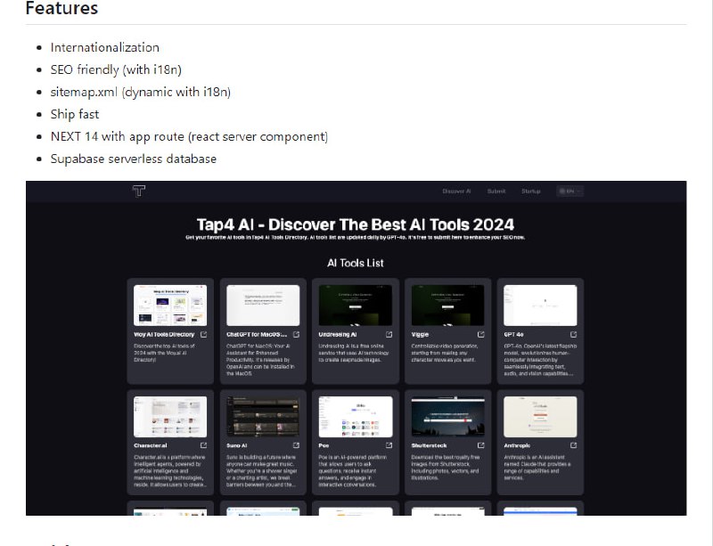 Tap4 AI Web UI：一键部署开源AI工具目录的Web界面，旨在帮助用户轻松构建自己的AI工具目录，支持国际化、SEO友好、动态网站地图，并采用NEXT 14与Supabase无服务器数据库技术