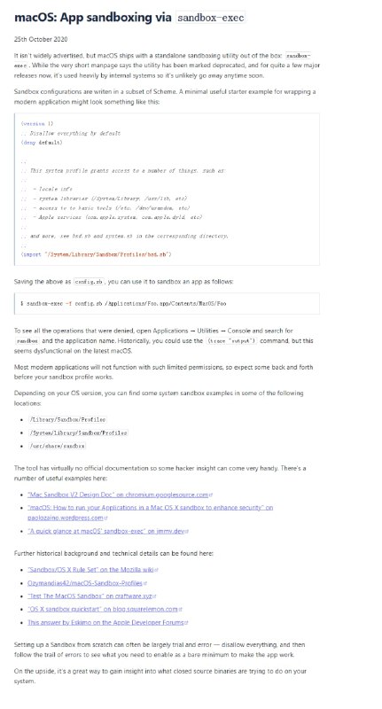 macOS：通过sandbox-exec的应用程序沙盒 | 地址