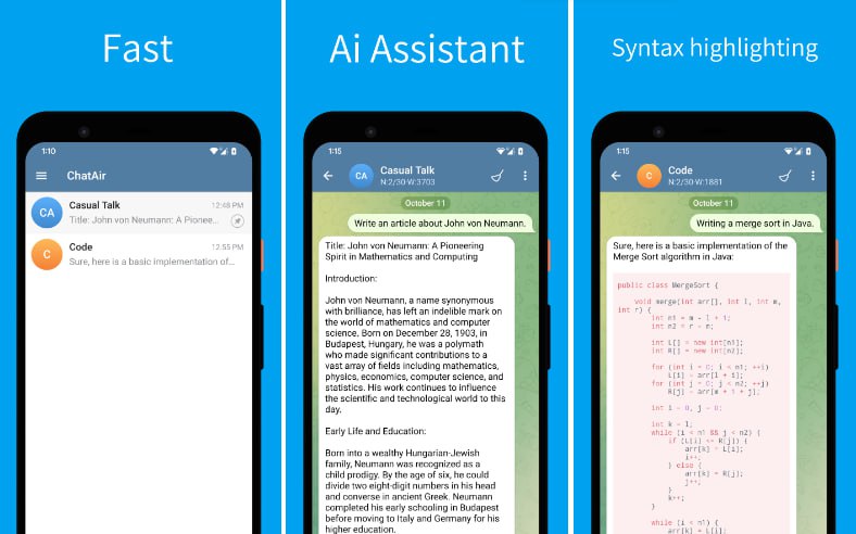 ChatAir：ChatGPT、Gemini和Claude的原生安卓应用，提供流畅快速的聊天体验，支持API调用和自定义服务器地址，具备Markdown支持、代码高亮、个性化设置和多语言支持ChatAir：ChatGPT、Gemini和Claude的原生安卓应用，提供流畅快速的聊天体验，支持API调用和自定义服务器地址，具备Markdown支持、代码高亮、个性化设置和多语言支持