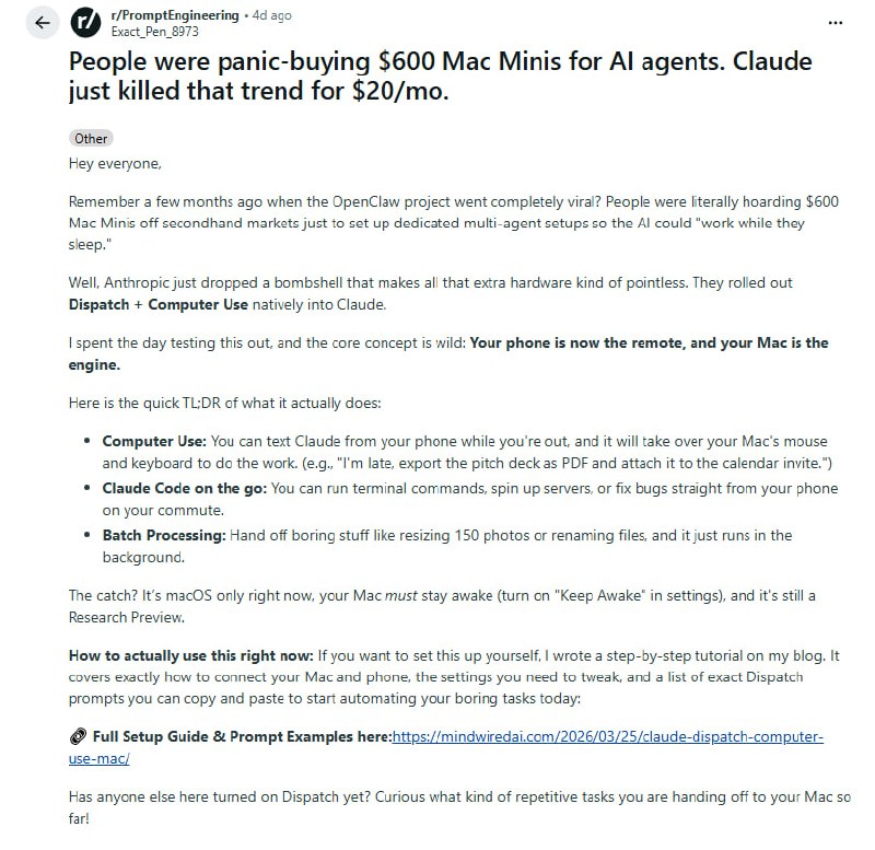 手机发指令，Mac干活，这就是2026年的打工方式 | 帖子Anthropic推出Claude Dispatch + Computer Use，理论上让你用手机远程控制Mac干活