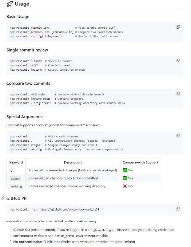一款轻量级的命令行工具，能在本地启动Web服务器，以GitHub风格展示Git提交差异，完美融入代码审查流程，无需离开终端！零配置，运行npx reviewit <commit>即可；支持AI代码审查，可生成Claude Code提示；支持终端UI模式，直接在终端查看差异ReviewIt | #命令行 #工具一款轻量级的命令行工具，能在本地启动Web服务器，以GitHub风格展示Git提交差异，完美融入代码审查流程，无需离开终端！零配置，运行npx reviewit <commit>即可；支持AI代码审查，可生成Claude Code提示；支持终端UI模式，直接在终端查看差异ReviewIt | #命令行 #工具