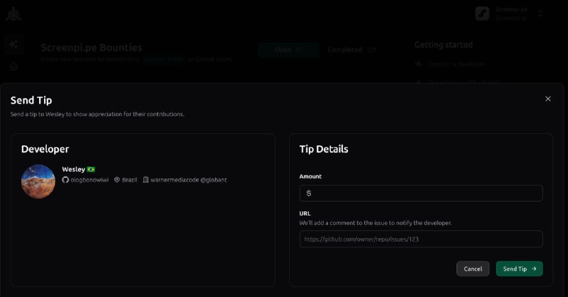 顶尖1%开源工程师招聘平台Algora，重塑技术招聘流程：• 集成Web应用 + GitHub App + 支付处理，覆盖职位发布、合同管理、赏金激励及合规支付  • 自动展示开发者顶尖OSS贡献，招聘方可基于开源表现自动筛选和排名候选人  • 支持全职与合同制岗位匹配，结合技术栈、预算、地理位置实现智能匹配  • 赏金机制助力OSS社区与闭源团队激励贡献者，合同管理实现基于成果的支付  • 支持面试环节通过赏金任务验证候选人真实能力，贡献优先入职提升团队效率  • 未来支持多平台集成（GitLab、Linear等）、多支付方式（支付宝、Wise、加密货币）和多端客户端（移动、桌面、CLI）  • 开源自托管，灵活满足不同团队需求，技术栈基于Elixir/Phoenix，易上手且高性能顶尖1%开源工程师招聘平台Algora，重塑技术招聘流程：• 集成Web应用 + GitHub App + 支付处理，覆盖职位发布、合同管理、赏金激励及合规支付  • 自动展示开发者顶尖OSS贡献，招聘方可基于开源表现自动筛选和排名候选人  • 支持全职与合同制岗位匹配，结合技术栈、预算、地理位置实现智能匹配  • 赏金机制助力OSS社区与闭源团队激励贡献者，合同管理实现基于成果的支付  • 支持面试环节通过赏金任务验证候选人真实能力，贡献优先入职提升团队效率  • 未来支持多平台集成（GitLab、Linear等）、多支付方式（支付宝、Wise、加密货币）和多端客户端（移动、桌面、CLI）  • 开源自托管，灵活满足不同团队需求，技术栈基于Elixir/Phoenix，易上手且高性能