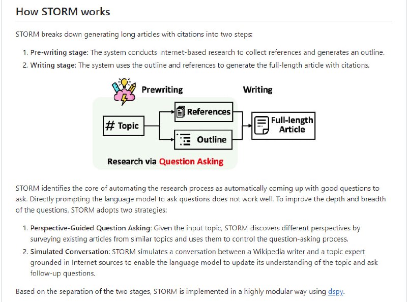 STORM知识整理系统：基于大型语言模型的自动化知识整理工具，能针对特定主题进行研究并生成包含引用的完整报告STORM | #工具STORM知识整理系统：基于大型语言模型的自动化知识整理工具，能针对特定主题进行研究并生成包含引用的完整报告STORM | #工具