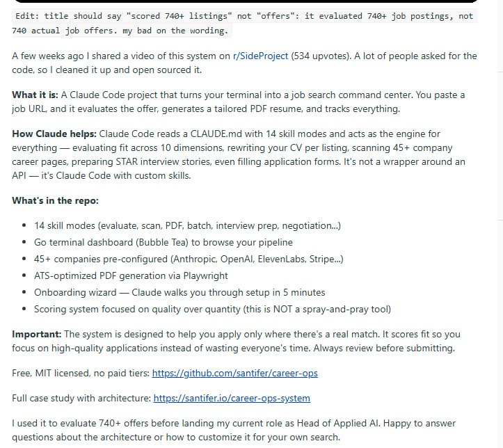 拒绝海投，用 AI 降维打击招聘官：如何构建个人求职流水线 | 帖子一位开发者利用 Claude Code 构建了名为 career-ops 的自动化求职系统，通过对 740 多个职位进行深度评估与简历定制，最终成功拿到了 Applied AI 负责人职位
