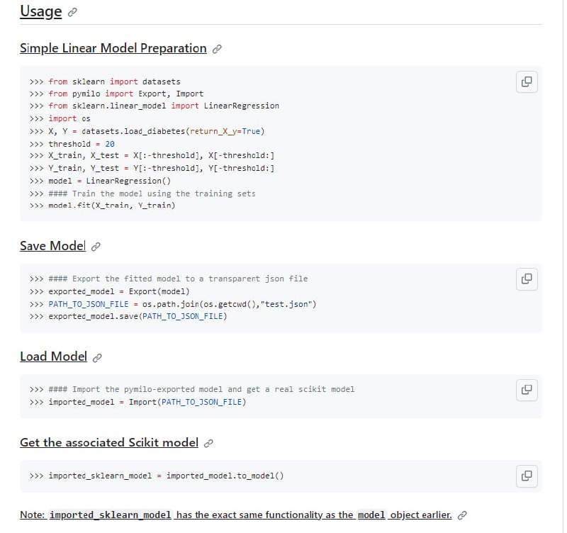Pymilo 是一个开源 Python 包，为用户提供了一种简单、高效、安全的方式以透明的方式导出预训练的机器学习模型