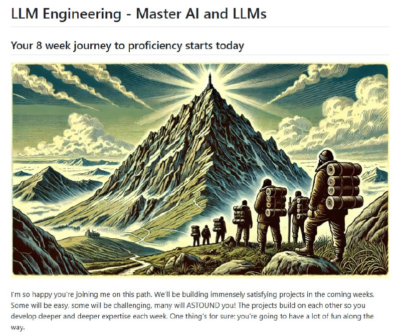 掌握大型语言模型（LLM）工程的8周实战课程，带你从零到精通提供详细的PC、Mac和Linux环境搭建指南；每周项目实战，涵盖从基础到高级的LLM应用；免费使用Google Colab GPU资源，无需高昂API费用llm_engineering | #教程