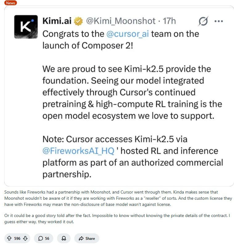Cursor“套娃”风波：Kimi模型背后的三方博弈 | 帖子Cursor Composer被曝基于Kimi K2.5，引发授权争议