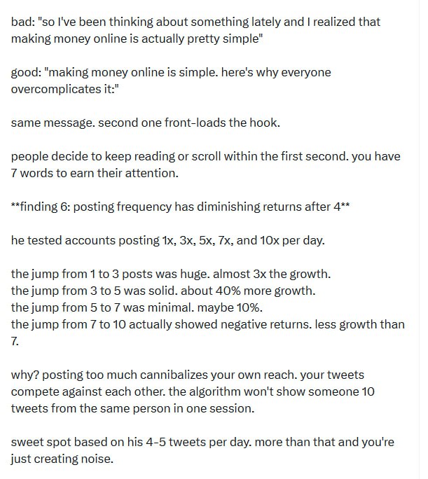 有人花14个月跟踪5万条推文，逆向研究了Twitter算法，揭示了10个关键真相，颠覆了大多数“专家”的说法：帖子1. 决定推文命运的是前47分钟