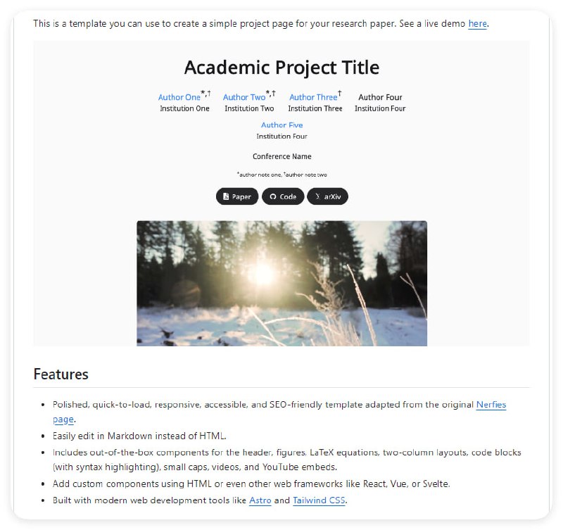 学术项目页面模板：为你的研究论文创建一个简洁的项目页面，支持响应式布局，易于编辑，且对SEO友好，特色包括LaTeX公式、代码块、视频嵌入等