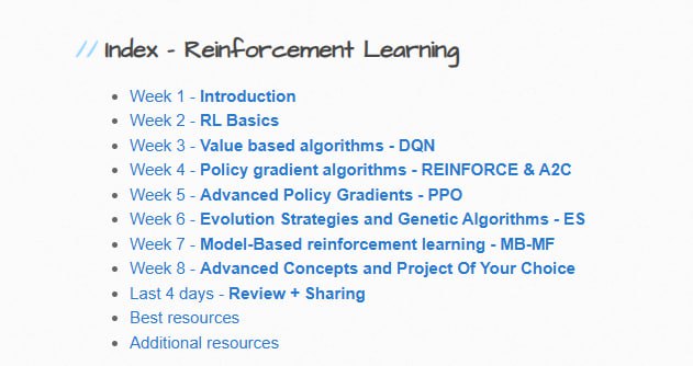 Reinforcement-Learning：一个深度强化学习课程，教你做60天学会深度强化学习内容主要是对网络上一些优秀教程的整合
