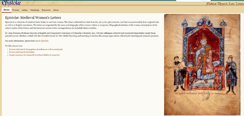 一个工具资料性网站：Epistolae: Medieval Women’s Latin Letters，哥伦比亚大学的Dr. Joan Ferrante和她的团队收录了中世纪女性的来往书信，全部翻译成英文，与拉丁语原文对照，而且全部免费浏览