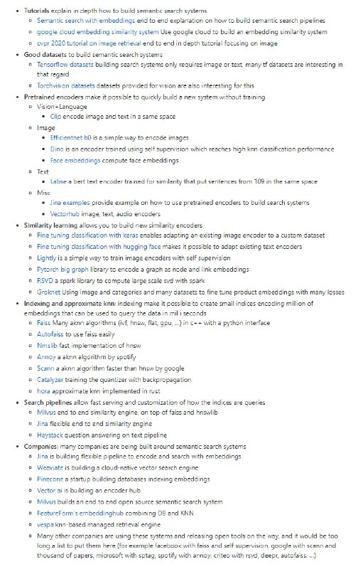 语义搜索相关资源列表在嵌入语义搜索中，作者描述了如何构建语义搜索系统（也称为神经搜索）