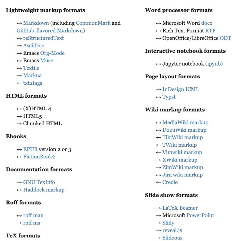 Pandoc，一个开源的格式转换器，可以支持多种格式互转，如latex、csv、json、epub、ipynb、markdown等在线体验 | Github | #工具