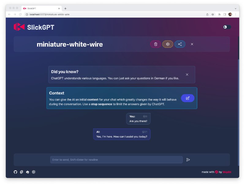 SlickGPT 是一个轻量级的“使用你自己的 API 密钥”的 Web 客户端，适用于用 Svelte 编写的 OpenAI API