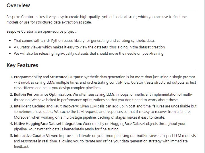 Bespoke Curator：AI数据助手，能够轻松创建高质量合成数据，用于模型微调或大规模结构化数据提取，具备程序化控制、性能优化、智能缓存和故障恢复等特点