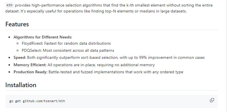 kth：一个Go语言高性能选择算法库，用于在不完全排序的情况下快速找出第k小的元素，特别适用于大数据集中查找top-N和中位数
