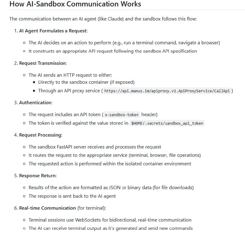 Manus Sandbox：为AI与终端、浏览器交互打造的容器化沙盒环境提供安全隔离的执行空间，防止AI直接访问宿主机；支持终端命令运行、浏览器自动化操作、文件管理等多功能；通过API代理实现请求认证与限流，保障系统安全Manus Sandbox：为AI与终端、浏览器交互打造的容器化沙盒环境提供安全隔离的执行空间，防止AI直接访问宿主机；支持终端命令运行、浏览器自动化操作、文件管理等多功能；通过API代理实现请求认证与限流，保障系统安全