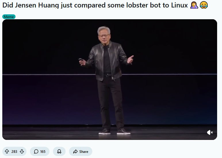 黄仁勋把龙虾机器人比作Linux？GitHub星标狂欢背后的AI泡沫 | 帖子NVIDIA CEO黄仁勋在演讲中将OpenClaw称为“人类历史上最重要的开源项目”，因其GitHub星标数超过Linux内核